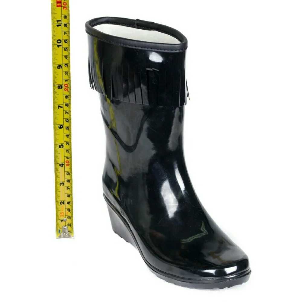 Women Rain Boots, Mid Calf Rubber Wedge Rainboots with Tassels, RB-1811, Black - Picture 3 of 4